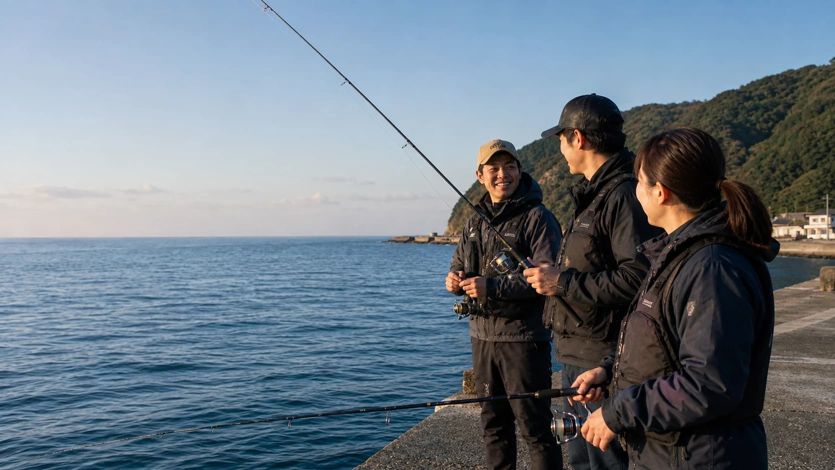海辺で一緒に釣りを楽しむ三人の釣り仲間